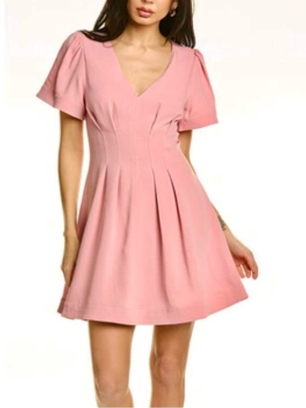 Cinq a sept Size 10 Pink V-Neck Pleated Short Flutter Sleeve A-Line Mini Dress